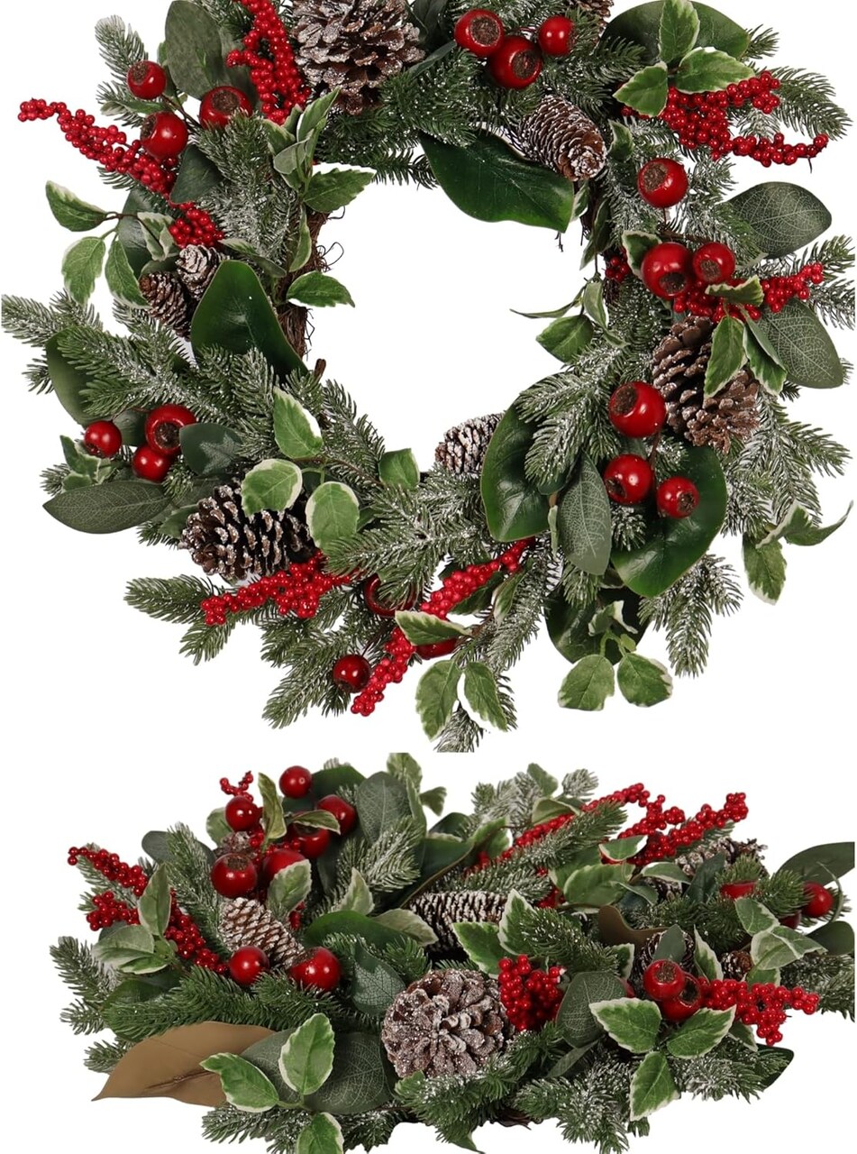 24-Inch Christmas Wreath for Front Door(Red Berry)22"D x 22"W x 5"H